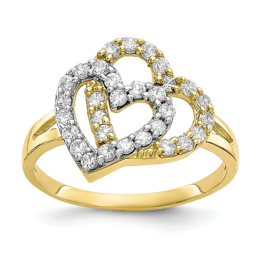 10k & Rhodium Double Heart Ring with CZ, Size: 6