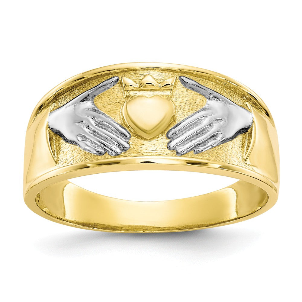 10k & Rhodium Men's Claddagh Ring, Size: 10