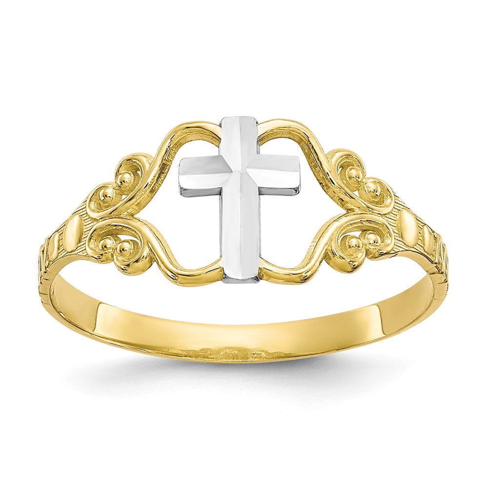 10k & Rhodium Polished Cross Ring, Size: 6