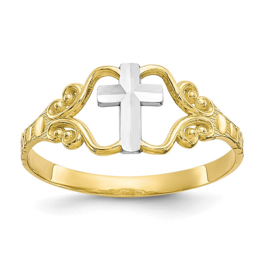 10k & Rhodium Polished Cross Ring, Size: 6