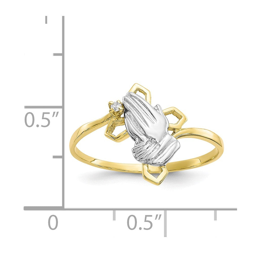 10k & Rhodium Praying Hands CZ with Cross Ring, Size: 6