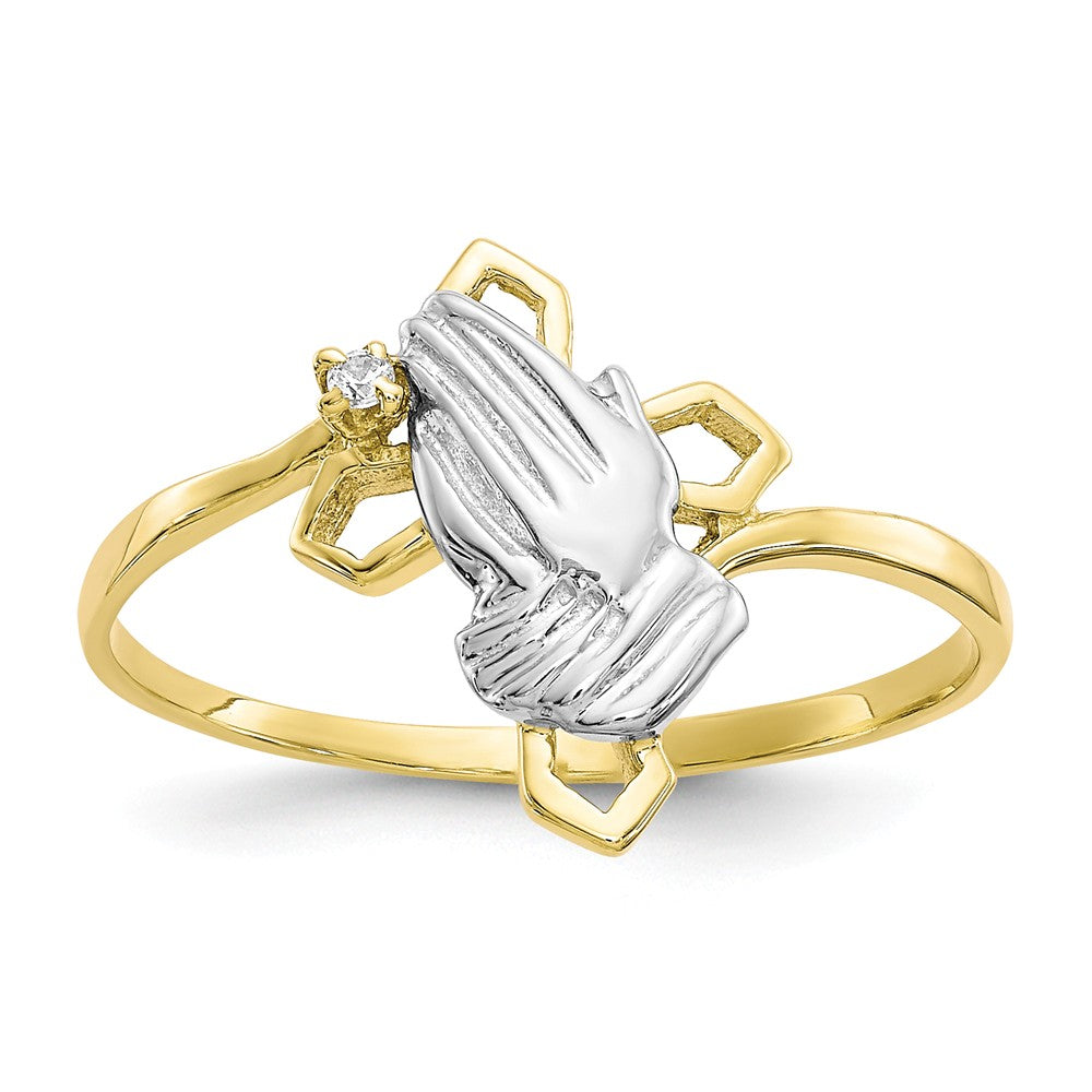 10k & Rhodium Praying Hands CZ with Cross Ring, Size: 6