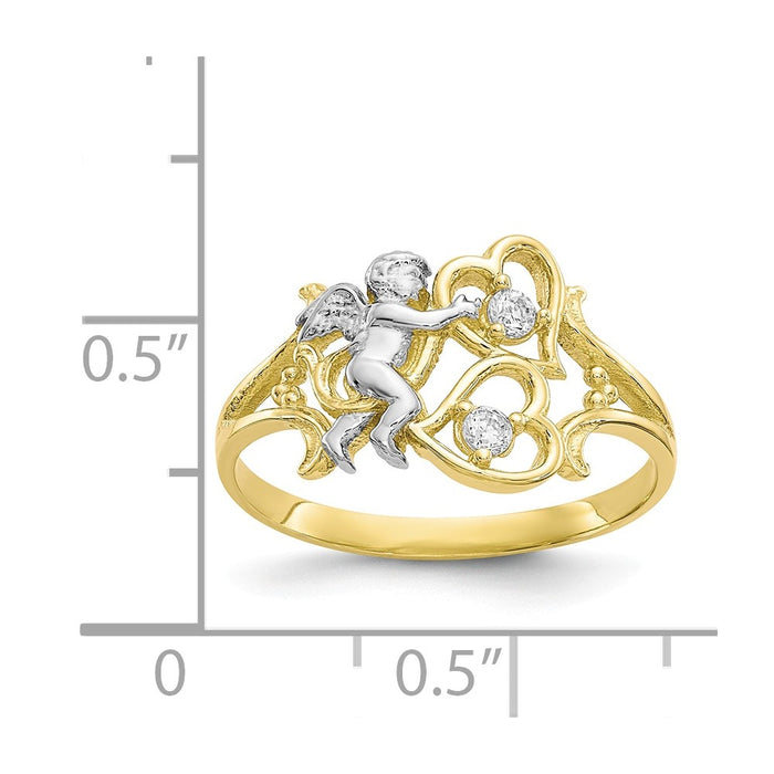 10k Yellow Gold & Rhodium CZ Angel with Hearts Ring, Size: 6