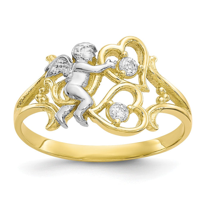 10k Yellow Gold & Rhodium CZ Angel with Hearts Ring, Size: 6