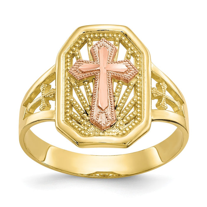 10k Two-Tone Gold Filigree Cross Ring, Size: 6