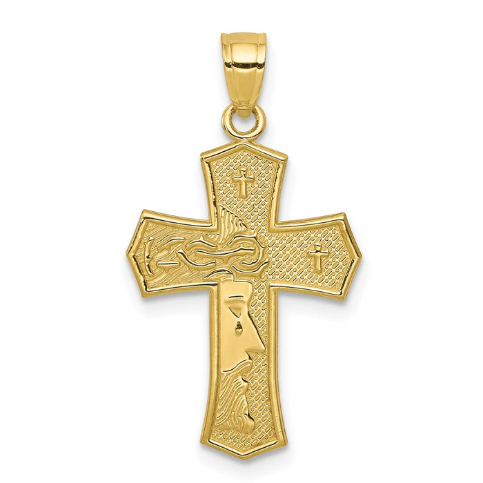 Million Charms 10K Yellow Gold Themed Passion Relgious Cross With Jesus Reversible Pendant