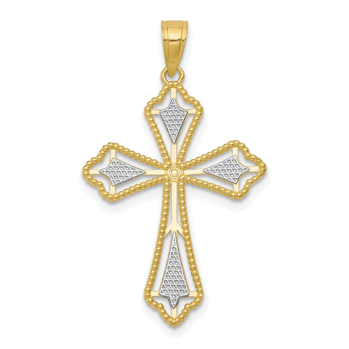 Million Charms 10K Yellow Gold Themed, Rhodium-plated Diamond-Cut Relgious Cross Pendant