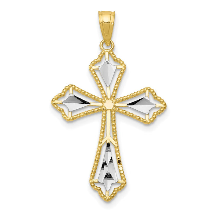 Million Charms 10K Yellow Gold Themed, Rhodium-plated Diamond-Cut Relgious Cross Pendant