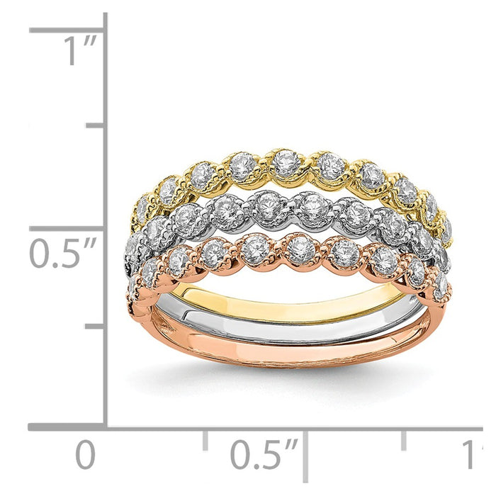 10K Tri-Color Gold Set of Three Stackable CZ Rings, Size: 7