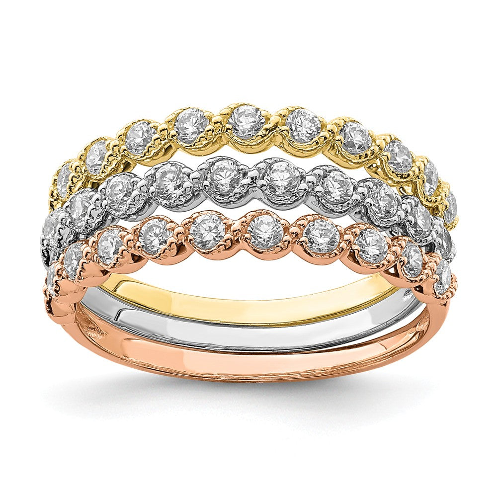 10K Tri-Color Gold Set of Three Stackable CZ Rings, Size: 7