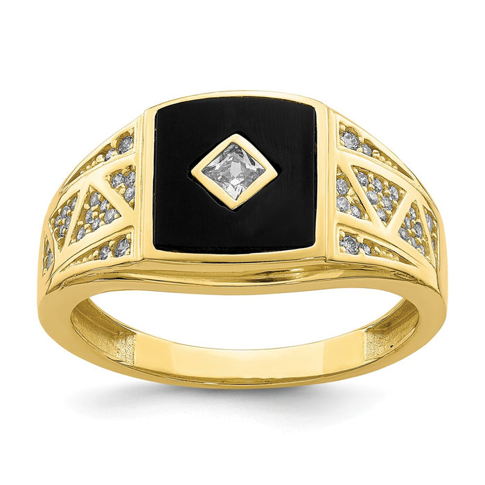 10k Yellow Gold CZ & Onyx Men's Ring, Size: 10