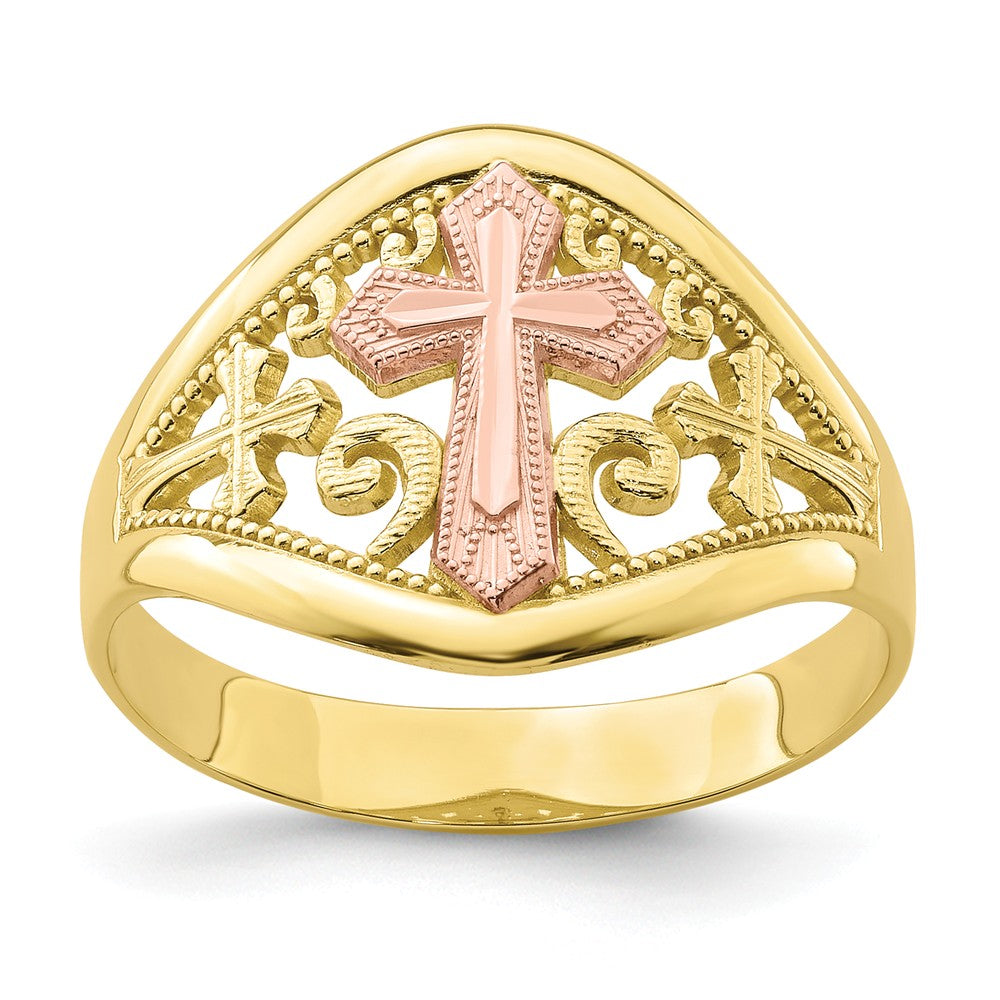 10K Two-Tone Gold Cross Ring, Size: 7