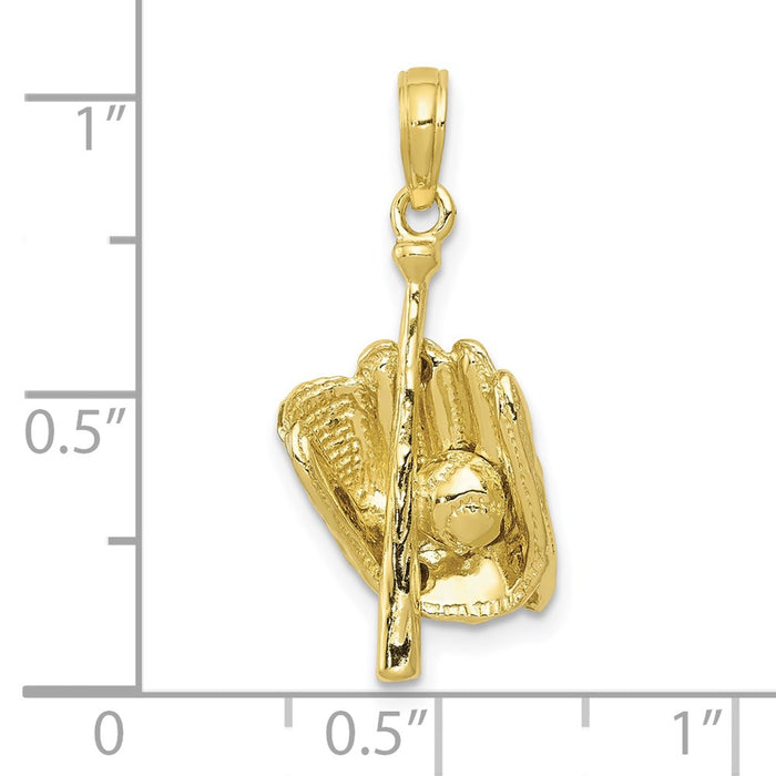 Million Charms 10K Yellow Gold Themed Polished 3-Dimensional Glove/Bat/Ball Sports Baseball Pendant