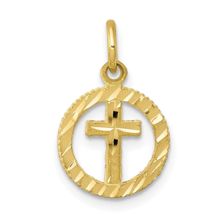 Million Charms 10K Yellow Gold Themed Solid Flat-Backed Relgious Cross In Circle For Eternal Life Charm