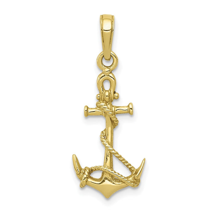 Million Charms 10K Yellow Gold Themed 3-D Nautical Anchor With Shackle, Entwined Rope Pendant