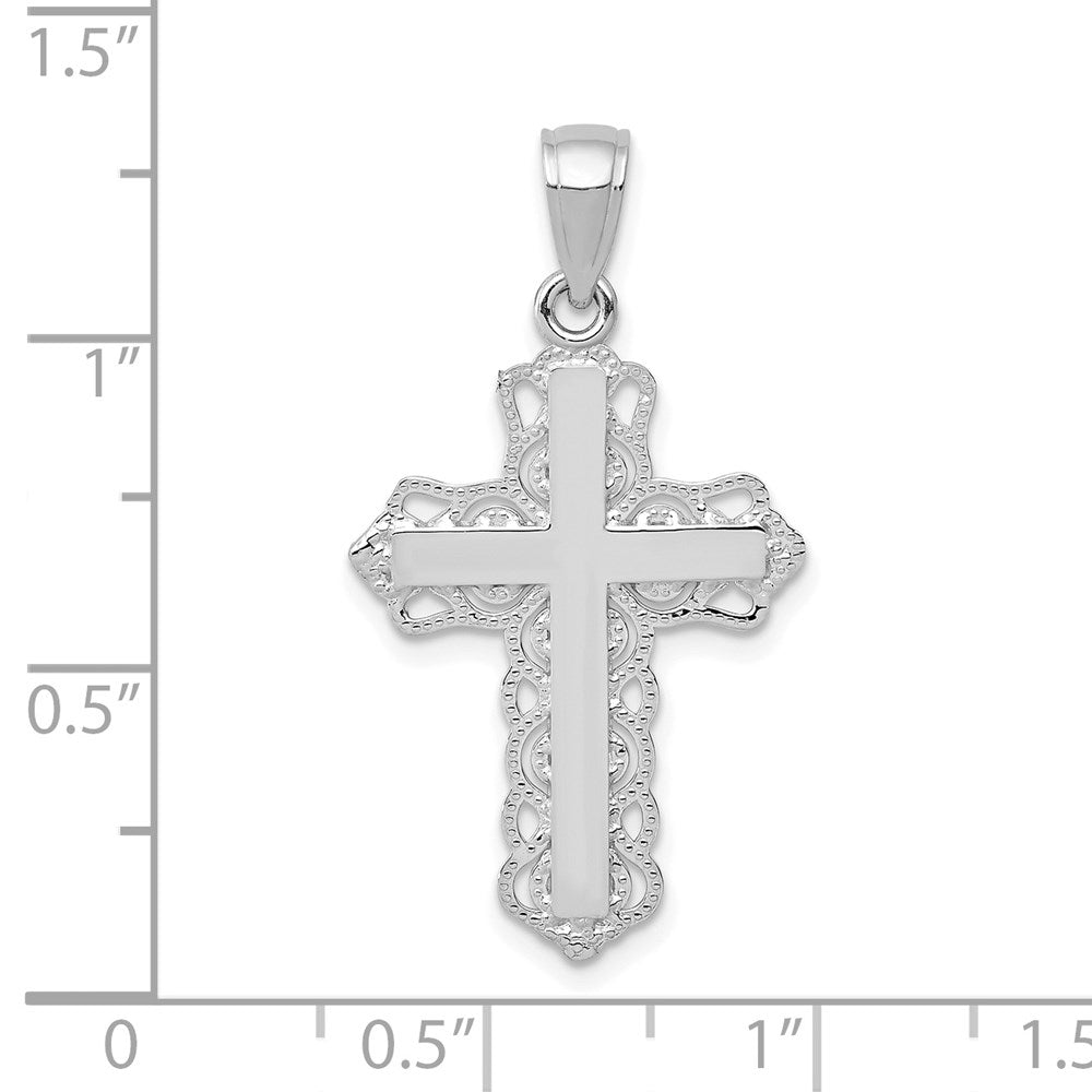Million Charms 10K White Gold Themed Lace Trim Relgious Cross Pendant