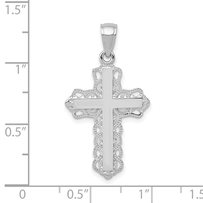 Million Charms 10K White Gold Themed Lace Trim Relgious Cross Pendant