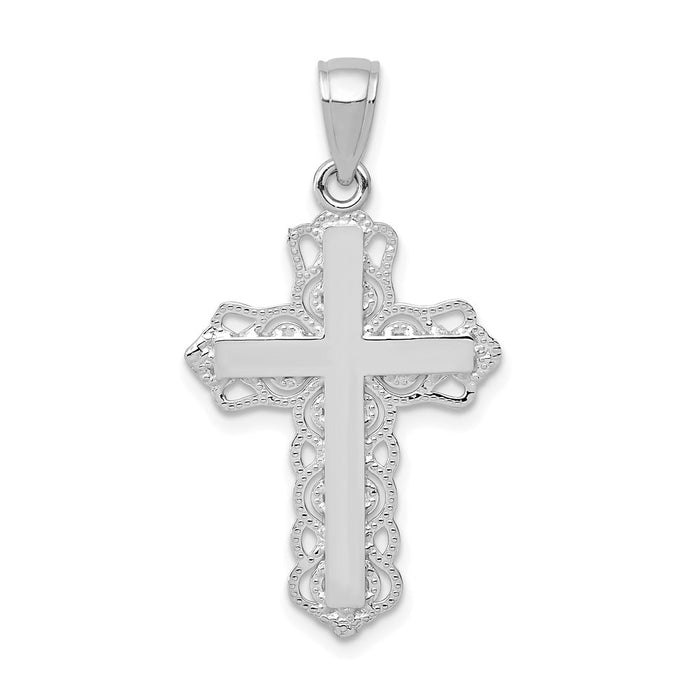 Million Charms 10K White Gold Themed Lace Trim Relgious Cross Pendant