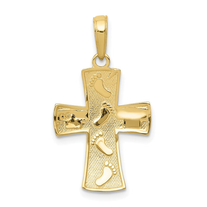 Million Charms 10K Yellow Gold Themed, Rhodium-plated Relgious Cross With Footprints Pendant