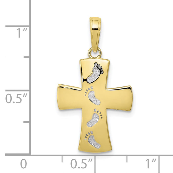 Million Charms 10K Yellow Gold Themed, Rhodium-plated Relgious Cross With Footprints Pendant