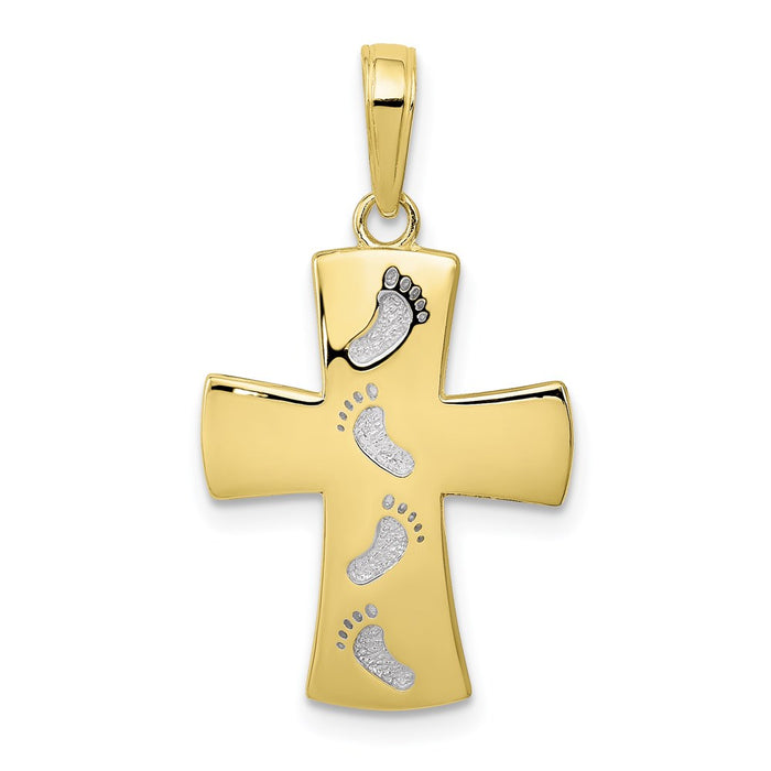 Million Charms 10K Yellow Gold Themed, Rhodium-plated Relgious Cross With Footprints Pendant