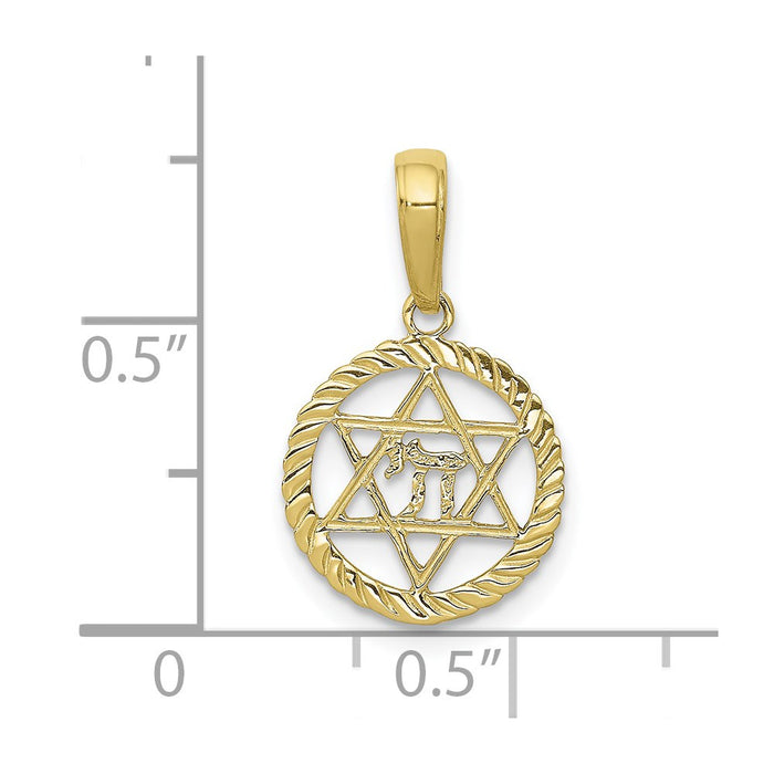 Million Charms 10K Yellow Gold Themed Religious Jewish Star Of David, Chi In Circle Pendant
