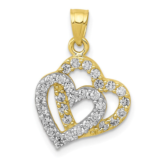 Million Charms 10K Yellow Gold Themed (Cubic Zirconia) CZ Double Heart Pendant