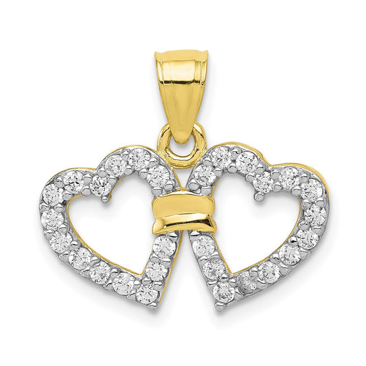 Million Charms 10K Yellow Gold Themed (Cubic Zirconia) CZ Double Heart Pendant