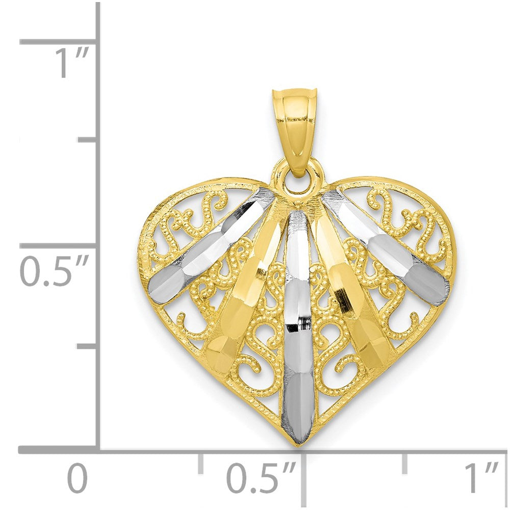 Million Charms 10K Yellow Gold Themed, Rhodium-plated Diamond-Cut Filigree Heart Pendant