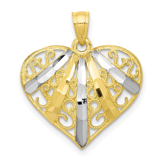 Million Charms 10K Yellow Gold Themed, Rhodium-plated Diamond-Cut Filigree Heart Pendant