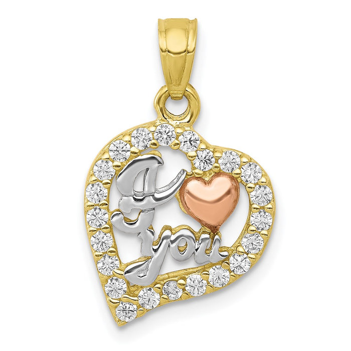 Million Charms 10K Two-Tone & White Rhodium-plated I Love You (Cubic Zirconia) CZ Heart Pendant