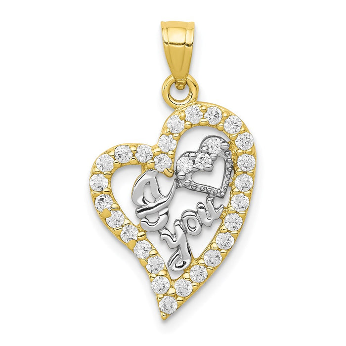 Million Charms 10K Yellow Gold Themed, Rhodium-plated I Love You (Cubic Zirconia) CZ Heart Pendant