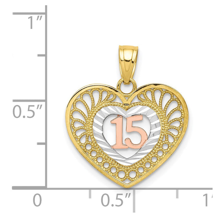 Million Charms 10K Two-Tone & White Rhodium-plated Sweet 15 Birthday Anniversary Heart Pendant