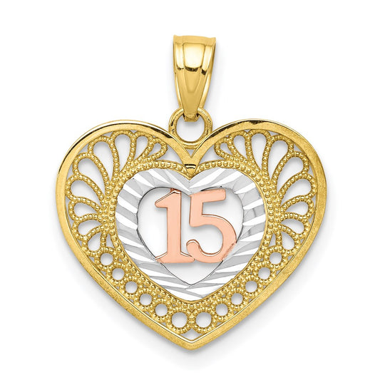 Million Charms 10K Two-Tone & White Rhodium-plated Sweet 15 Birthday Anniversary Heart Pendant