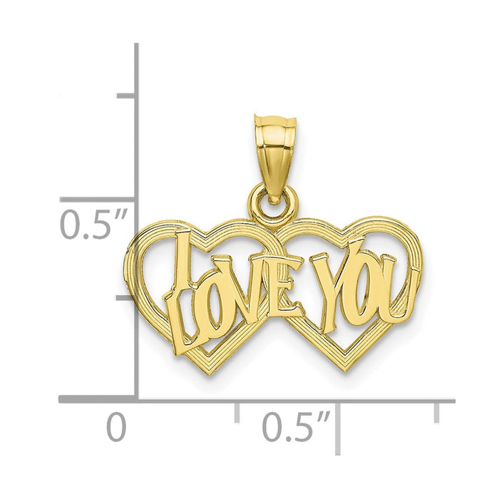 Million Charms 10K Yellow Gold Themed Polished & Textured I Love You Double Heart Pendant