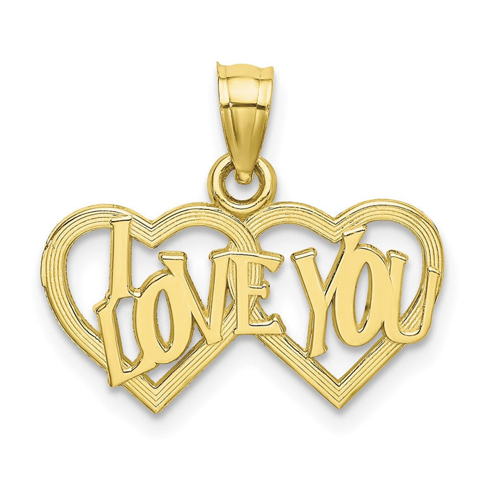 Million Charms 10K Yellow Gold Themed Polished & Textured I Love You Double Heart Pendant