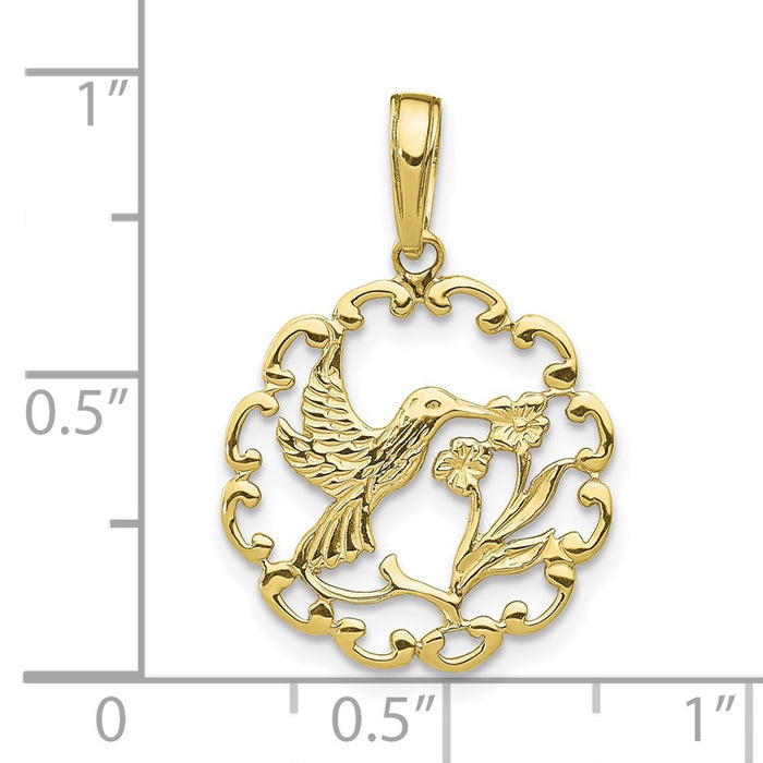 Million Charms 10K Yellow Gold Themed Hummingbird With Flower In Frame Pendant