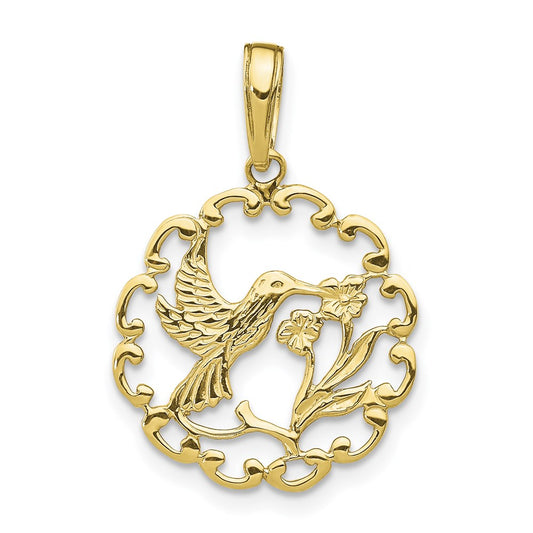 Million Charms 10K Yellow Gold Themed Hummingbird With Flower In Frame Pendant