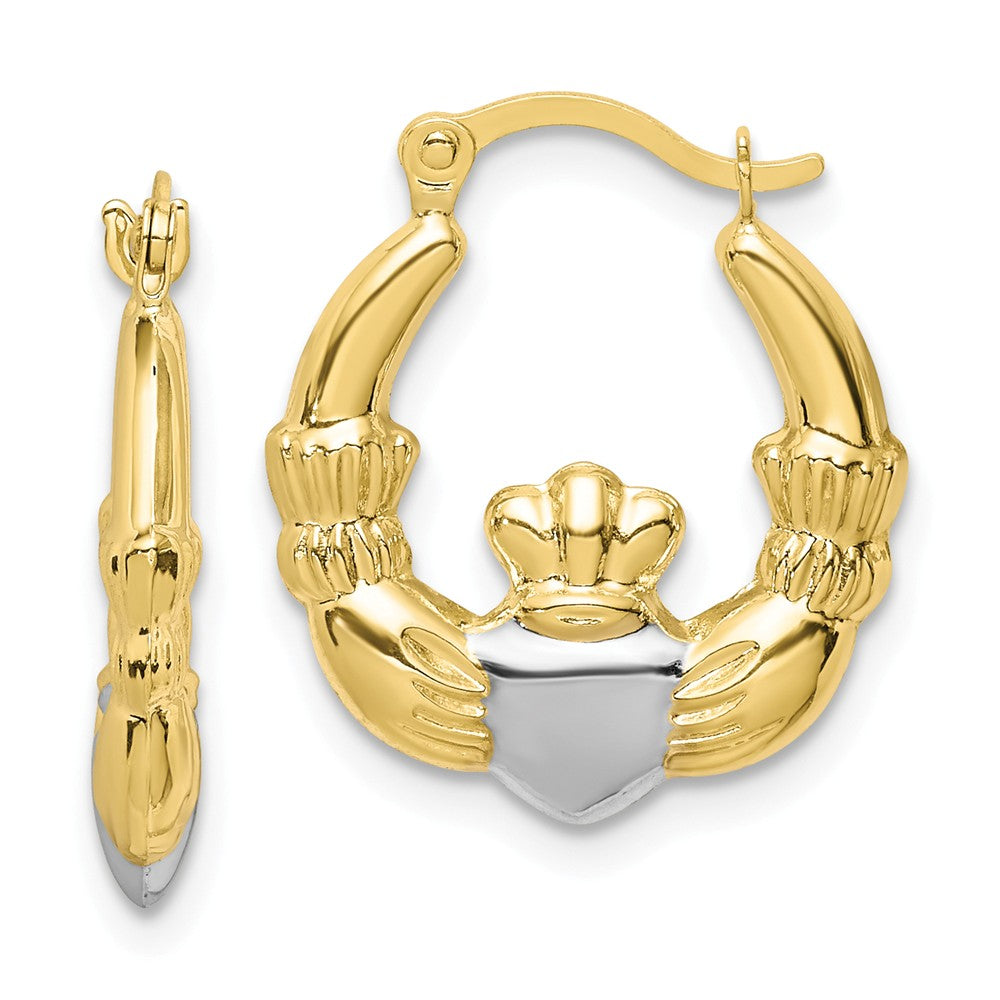 Million Charms 10K & Rhodium Claddagh Hollow Hoop Earrings, 18mm x 16mm