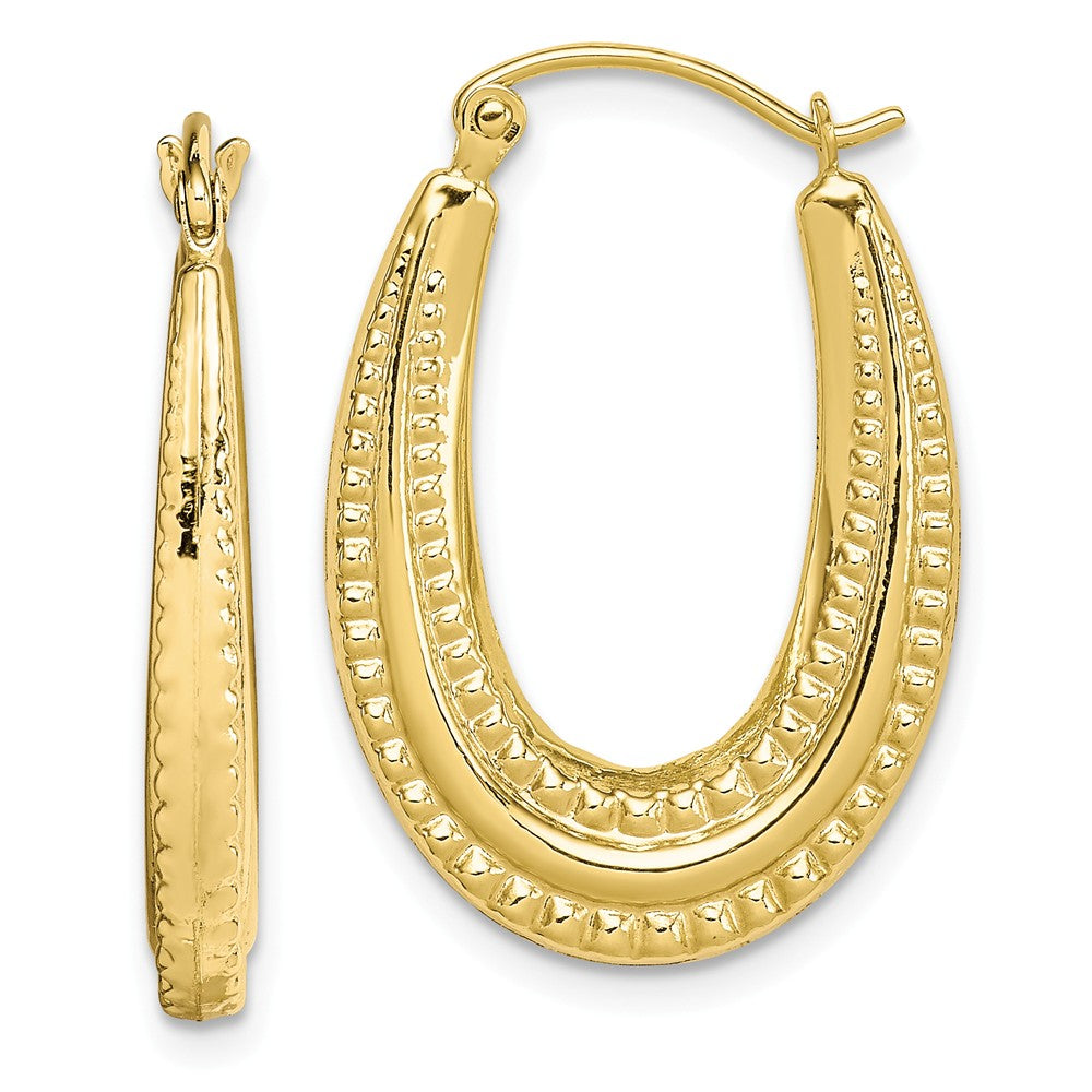 Million Charms 10k Yellow Gold Textured Oval Hollow Hoop Earrings, 25mm x 17mm