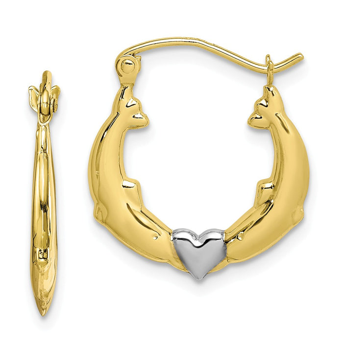 Million Charms 10K & Rhodium Dolphin Heart Hollow Hoop Earrings, 19mm x 17mm