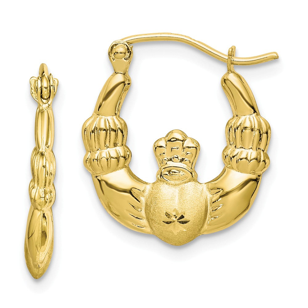 Million Charms 10k Yellow Gold Polished & Satin Claddagh Hoop Earrings, 18.65mm x 16.44mm
