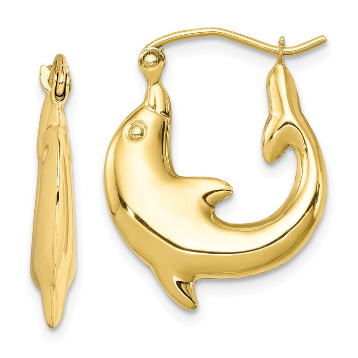 Million Charms 10k Yellow Gold Polished Dolphin Hoop Earrings, 21.97mm x 17mm