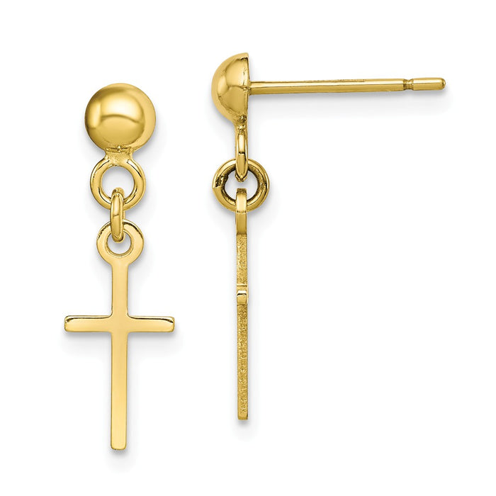 Million Charms 10k Yellow Gold YG Polished Cross Dangle Post Earrings, 20.52mm x 6.21mm