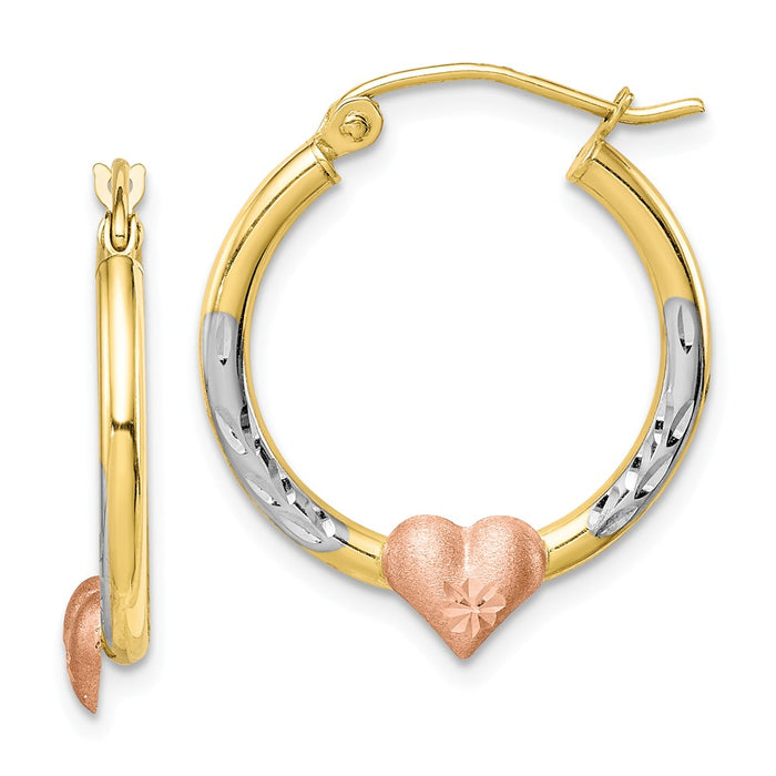Million Charms 10k Two-tone & White Rhodium Diamond-Cut Heart Hoop Earrings, 23.62mm x 20.2mm