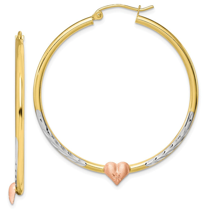 Million Charms 10k Two-tone & White Rhodium Diamond-Cut Heart Hoop Earrings, 43.95mm x 39.9mm