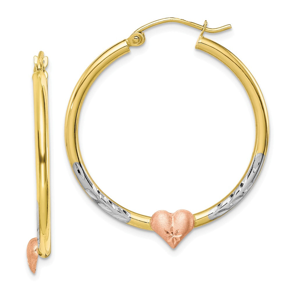 Million Charms 10k Two-tone & White Rhodium Diamond-Cut Heart Hoop Earrings, 33.55mm x 29.61mm