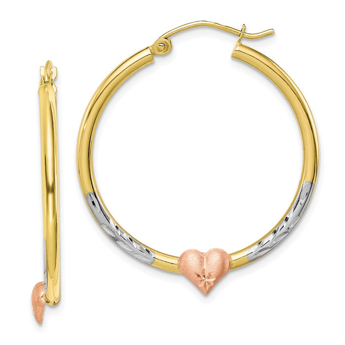 Million Charms 10k Two-tone & White Rhodium Diamond-Cut Heart Hoop Earrings, 33.55mm x 29.61mm