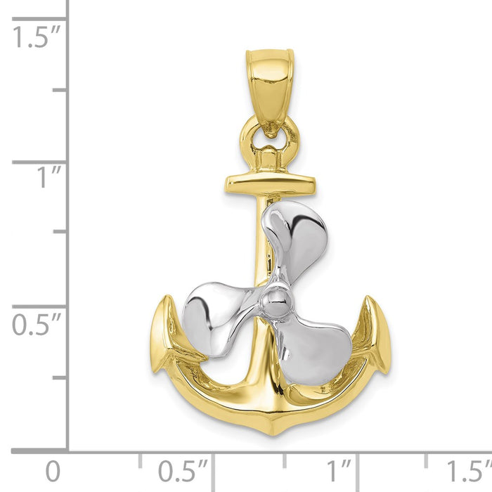 Million Charms 10K Two-Tone 3-D Nautical Anchor With Moveable Propeller Pendant