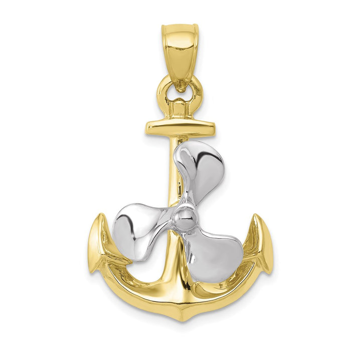 Million Charms 10K Two-Tone 3-D Nautical Anchor With Moveable Propeller Pendant